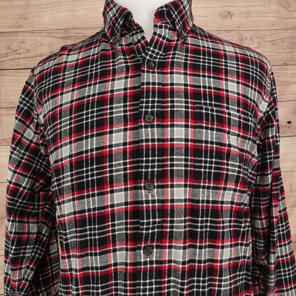Lands' End Shirt Mens L Black Red Plaid Long Sleeve Button-Up Flannel Cotton